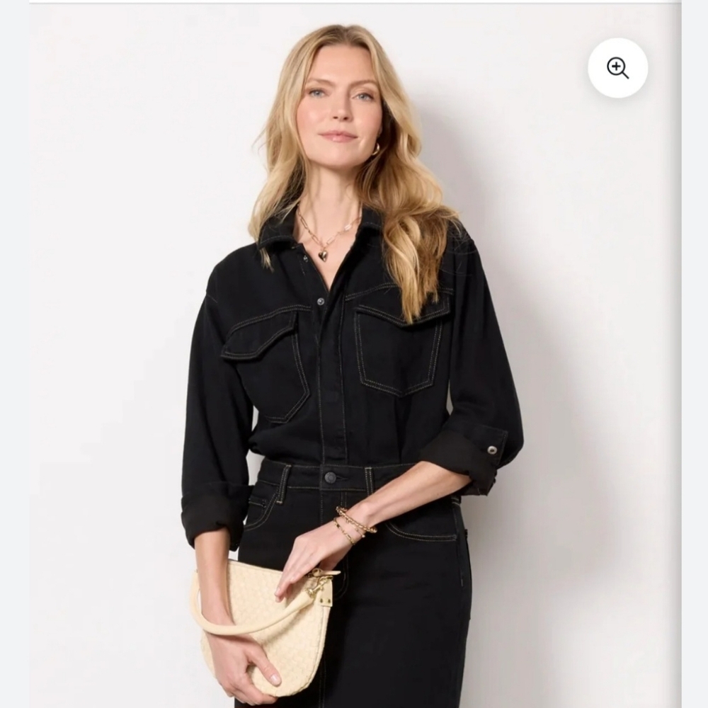 Pistola Amira Evereve Denim Midi Black Button Up Waisted Long Sleeve Dress